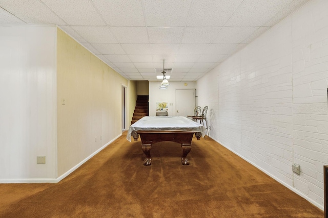 305 Myers Ter, Carthage, TN 37030 - game room with carpet flooring, billiards table, a drop ceiling, and brick wall