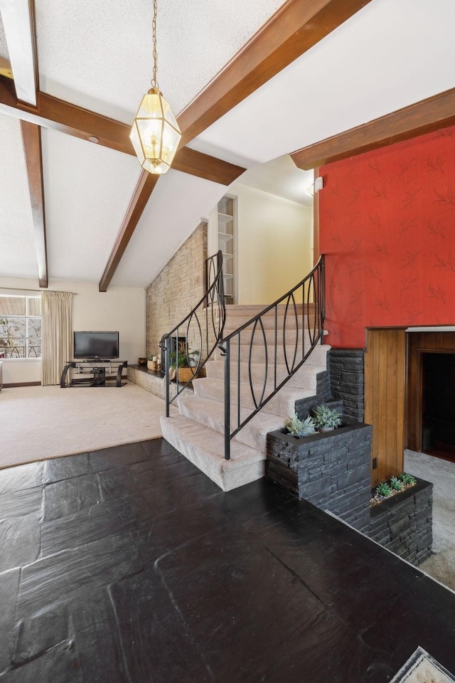 305 Myers Ter, Carthage, TN 37030 - stairway featuring beam ceiling and a fireplace