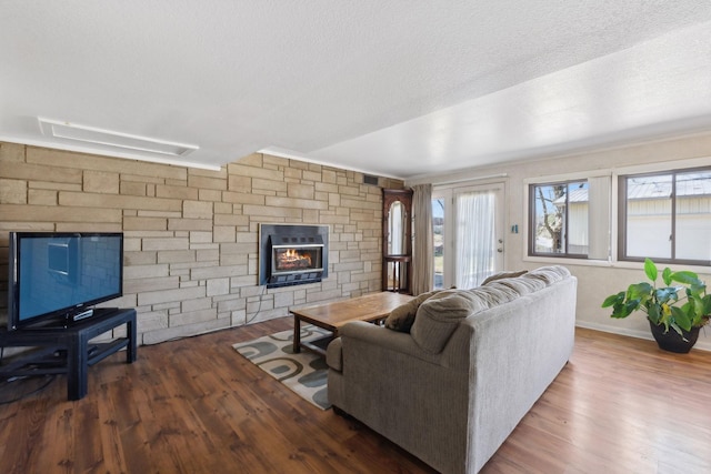 305 Myers Ter, Carthage, TN 37030 - living room featuring wood finished floors, a stone fireplace, and a textured ceiling