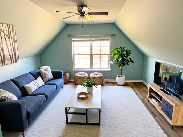 1808 Luke Ct, Columbia, TN 38401 - living room featuring ceiling fan, wood finished floors, and vaulted ceiling