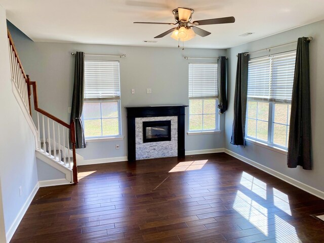 1808 Luke Ct, Columbia, TN 38401 - unfurnished living room featuring stairway, plenty of natural light, dark wood finished floors, and ceiling fan