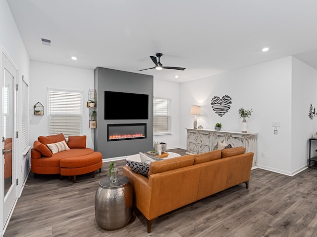 345 Winston Way, Gallatin, TN 37066 - living area featuring wood finished floors, a glass covered fireplace, ceiling fan, and recessed lighting