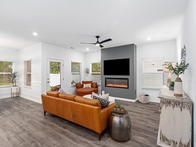 345 Winston Way, Gallatin, TN 37066 - living room with dark wood-style floors, recessed lighting, a glass covered fireplace, and a ceiling fan