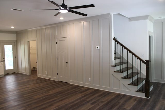 791 Hasty Ln, Estill Springs, TN 37330 - interior space featuring dark wood-style floors, a ceiling fan, recessed lighting, stairway, and a decorative wall