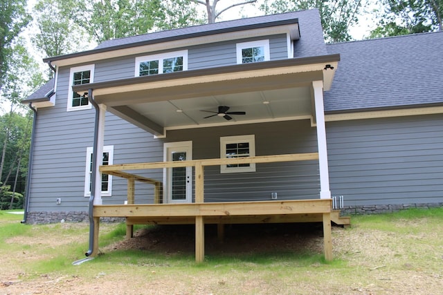 791 Hasty Ln, Estill Springs, TN 37330 - rear view of property featuring ceiling fan, a wooden deck, and a shingled roof
