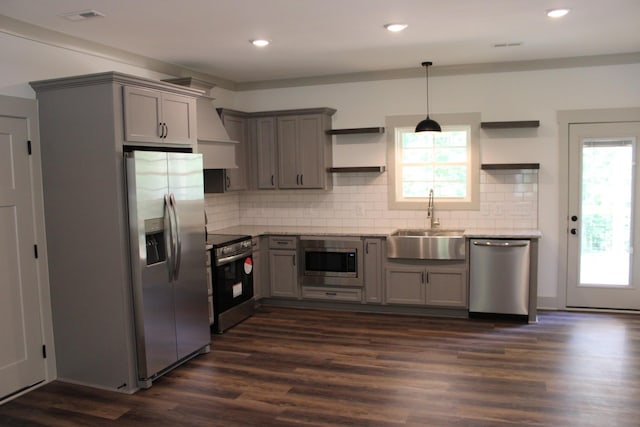 807 Hasty Ln, Estill Springs, TN 37330 - kitchen featuring open shelves, appliances with stainless steel finishes, gray cabinetry, dark wood-style floors, and recessed lighting