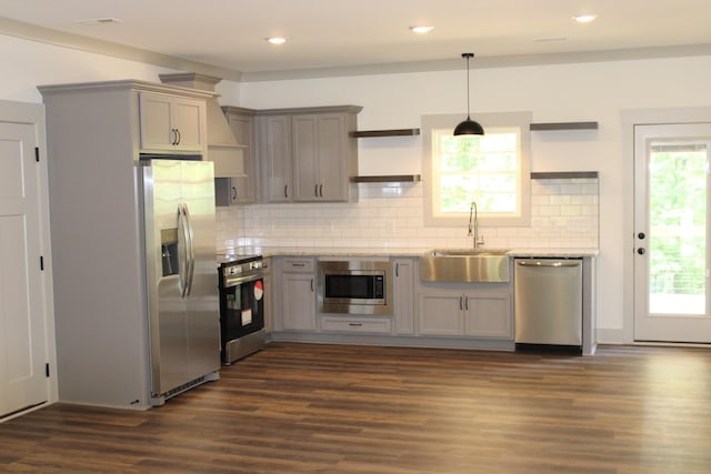 807 Hasty Ln, Estill Springs, TN 37330 - kitchen featuring stainless steel appliances, open shelves, gray cabinets, dark wood-style floors, and light stone countertops