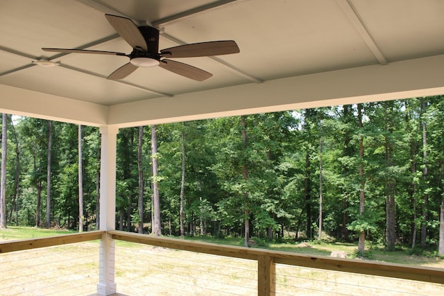 807 Hasty Ln, Estill Springs, TN 37330 - view of patio featuring a ceiling fan, a wooden deck, and a wooded view
