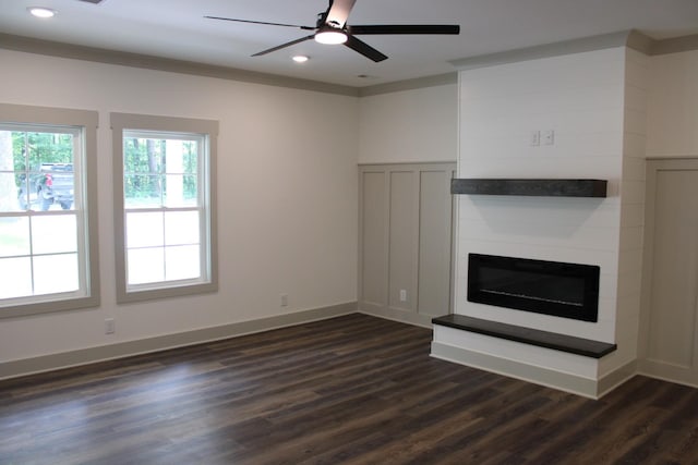 807 Hasty Ln, Estill Springs, TN 37330 - unfurnished living room featuring dark wood-style floors, a fireplace, recessed lighting, and a ceiling fan