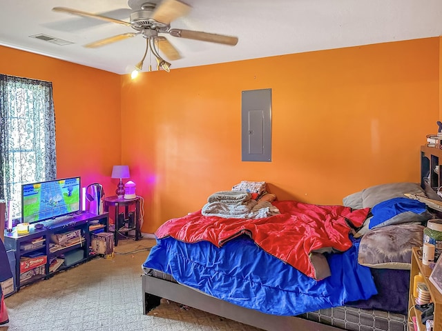 1097 Taylor Ln, Newbern, TN 38059 - carpeted bedroom featuring electric panel and ceiling fan
