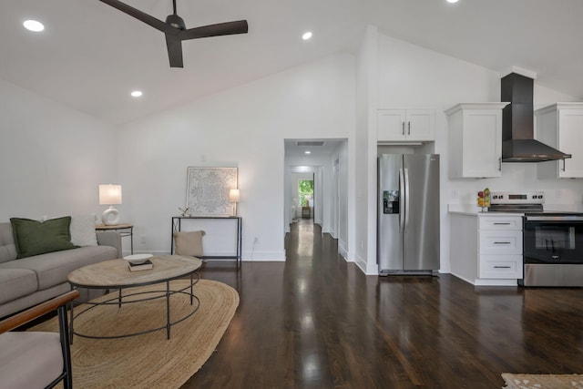 704 Pond Rd, Dickson, TN 37055 - living area with high vaulted ceiling, a ceiling fan, dark wood finished floors, and recessed lighting