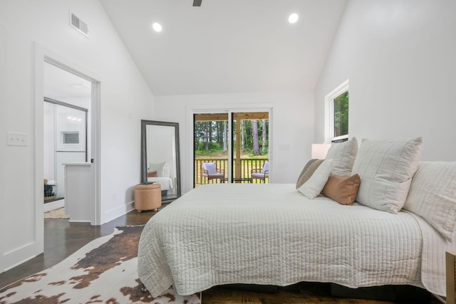 704 Pond Rd, Dickson, TN 37055 - bedroom featuring access to exterior, multiple windows, wood finished floors, high vaulted ceiling, and recessed lighting