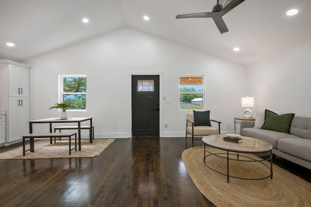 704 Pond Rd, Dickson, TN 37055 - living area with a ceiling fan, vaulted ceiling, recessed lighting, and dark wood finished floors