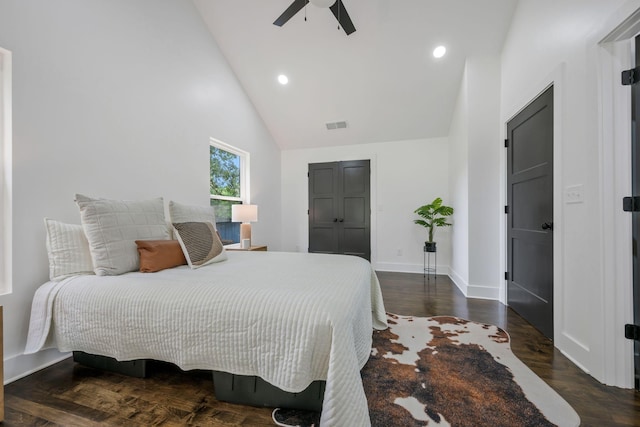704 Pond Rd, Dickson, TN 37055 - bedroom featuring ceiling fan, wood finished floors, recessed lighting, and high vaulted ceiling