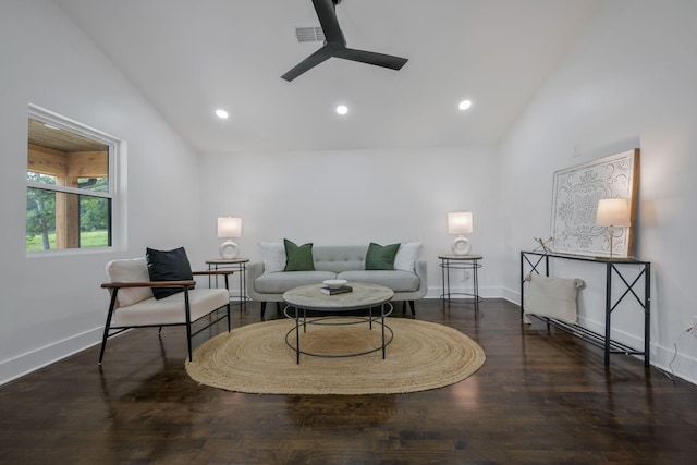 704 Pond Rd, Dickson, TN 37055 - living area featuring vaulted ceiling, ceiling fan, recessed lighting, and wood finished floors