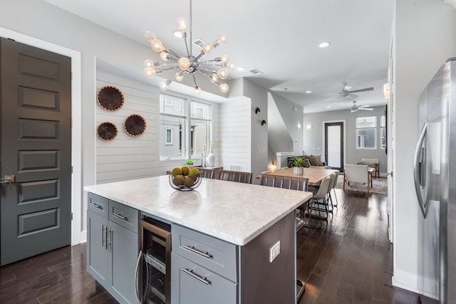 2410 Meharry Blvd Unit 3, Nashville, TN 37208 - kitchen with wine cooler, gray cabinetry, freestanding refrigerator, healthy amount of natural light, and recessed lighting