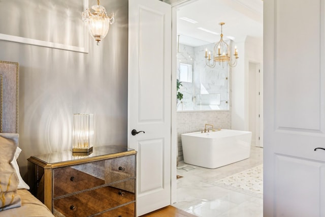 6004 Lookaway Cir, Franklin, TN 37067 - full bath featuring a chandelier, marble finish floors, and a freestanding bath