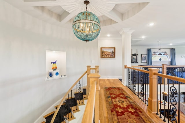 6004 Lookaway Cir, Franklin, TN 37067 - hall with wood finished floors, an upstairs landing, crown molding, recessed lighting, and a chandelier