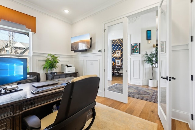 6004 Lookaway Cir, Franklin, TN 37067 - office with light wood finished floors, a decorative wall, crown molding, a wainscoted wall, and recessed lighting