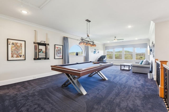 6004 Lookaway Cir, Franklin, TN 37067 - recreation room with carpet floors, ornamental molding, a ceiling fan, recessed lighting, and billiards table