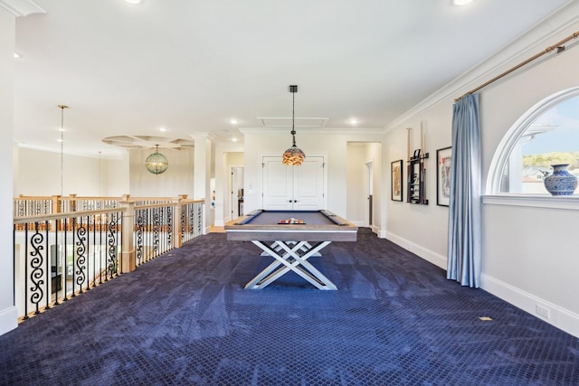 6004 Lookaway Cir, Franklin, TN 37067 - playroom featuring carpet, recessed lighting, billiards table, and crown molding