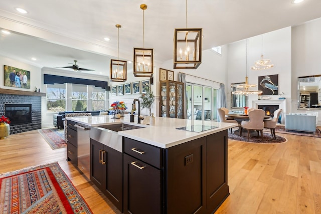 6004 Lookaway Cir, Franklin, TN 37067 - kitchen with a glass covered fireplace, open floor plan, light wood-style floors, and recessed lighting
