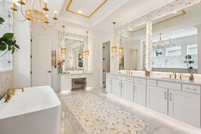 6004 Lookaway Cir, Franklin, TN 37067 - full bathroom featuring a chandelier, a tray ceiling, crown molding, double vanity, and a freestanding bath
