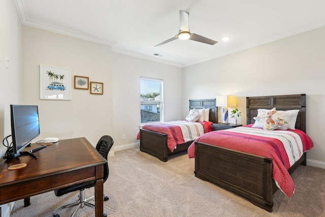 6004 Lookaway Cir, Franklin, TN 37067 - bedroom with ornamental molding, light colored carpet, a desk, ceiling fan, and recessed lighting