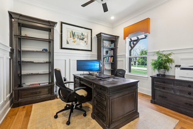 6004 Lookaway Cir, Franklin, TN 37067 - office area featuring a decorative wall, ornamental molding, a ceiling fan, light wood-type flooring, and a wainscoted wall