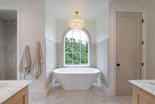 1744 Blackburn Ln, Spring Hill, TN 37174 - bathroom featuring vanity, a chandelier, a freestanding tub, and a shower