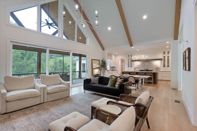 1744 Blackburn Ln, Spring Hill, TN 37174 - living room featuring high vaulted ceiling, a chandelier, beam ceiling, light wood-type flooring, and recessed lighting