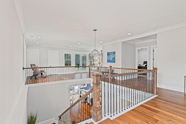 541 Lakeview Cir, Mount Juliet, TN 37122 - corridor featuring wood finished floors, an upstairs landing, a chandelier, crown molding, and recessed lighting