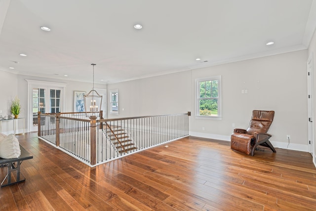 541 Lakeview Cir, Mount Juliet, TN 37122 - living area with hardwood / wood-style floors, a chandelier, recessed lighting, ornamental molding, and an upstairs landing