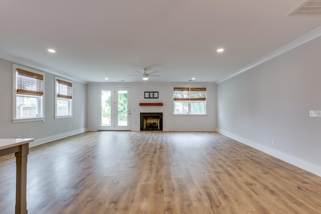 2110 Lequire Ln, Spring Hill, TN 37174 - unfurnished living room featuring a ceiling fan, light wood finished floors, crown molding, a fireplace, and recessed lighting