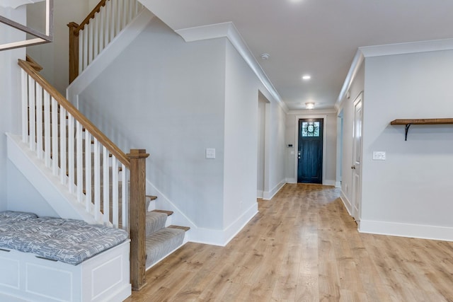 2110 Lequire Ln, Spring Hill, TN 37174 - foyer entrance featuring stairs, crown molding, light wood-style flooring, and recessed lighting