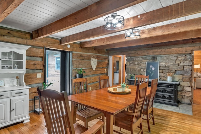 3316 Burr Rd, Springfield, TN 37172 - dining area with light wood-style flooring, beam ceiling, and wood walls
