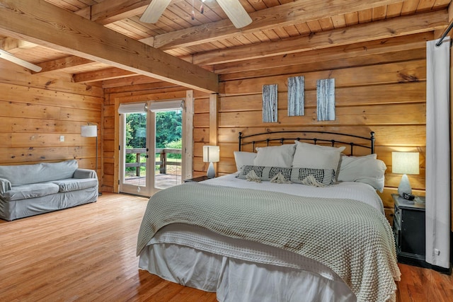 3316 Burr Rd, Springfield, TN 37172 - bedroom featuring wood walls, access to exterior, a wooden ceiling with exposed beams, hardwood / wood-style floors, and a ceiling fan