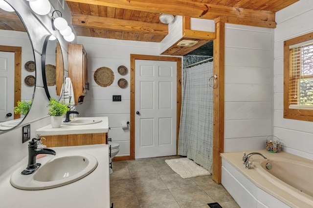 3316 Burr Rd, Springfield, TN 37172 - bathroom with a wooden ceiling with exposed beams, a shower with curtain, tile patterned floors, a bath, and vanity