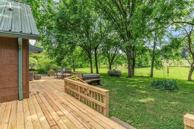 3316 Burr Rd, Springfield, TN 37172 - wooden deck with a lawn, outdoor dining space, and view of wooded area