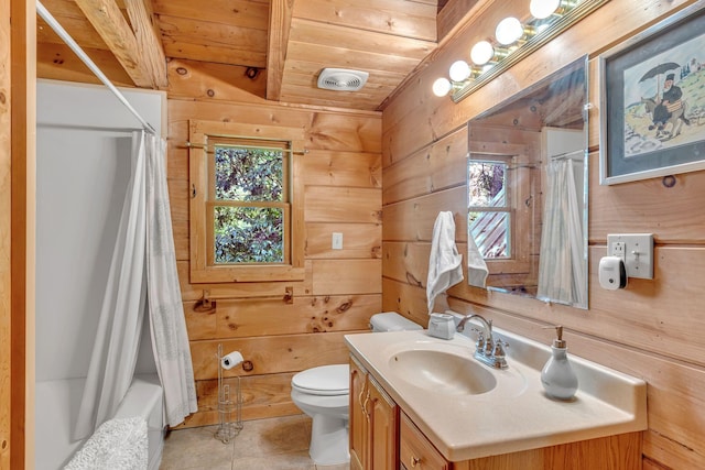 3316 Burr Rd, Springfield, TN 37172 - full bathroom with wood walls, vanity, tile patterned flooring, wood ceiling, and shower / bath combo