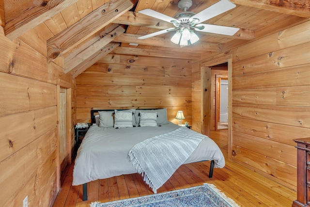 3316 Burr Rd, Springfield, TN 37172 - bedroom featuring wood ceiling, hardwood / wood-style floors, wood walls, and ceiling fan
