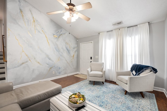 525 Scotts Creek Trl, Hermitage, TN 37076 - living area with dark wood-style floors, ceiling fan, stairway, and vaulted ceiling