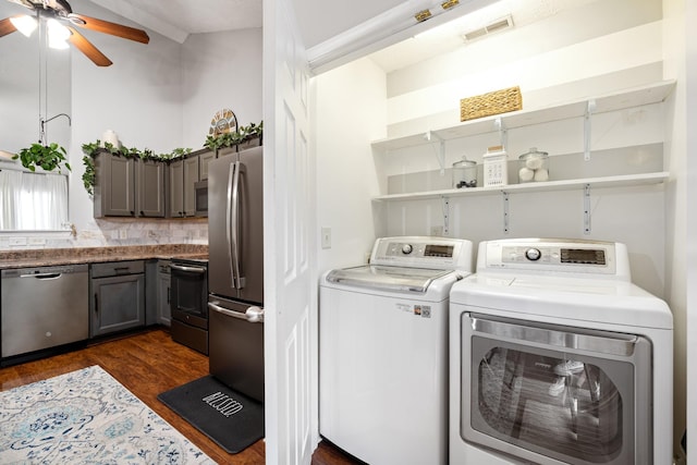 525 Scotts Creek Trl, Hermitage, TN 37076 - washroom featuring washer and dryer, dark wood-style floors, and a ceiling fan