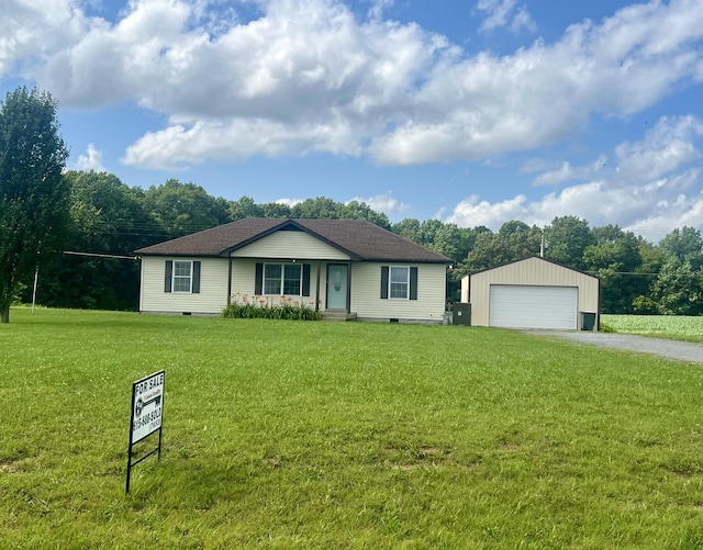 1911 Days Rd, Lafayette, TN 37083 - single story home featuring an outbuilding, a detached garage, a front lawn, and crawl space