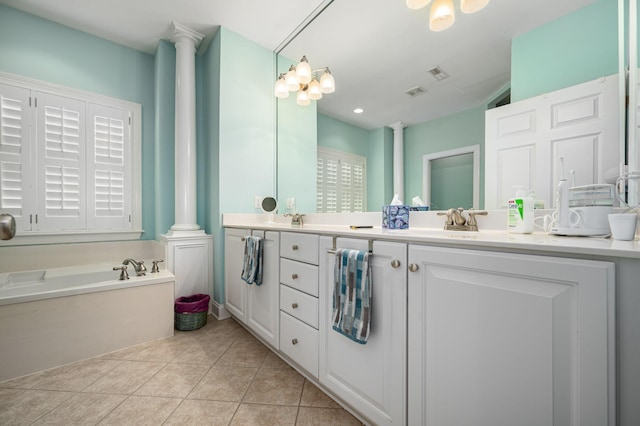 1926 Scarlett Dr, Murfreesboro, TN 37130 - bathroom featuring double vanity, a bath, decorative columns, and tile patterned flooring