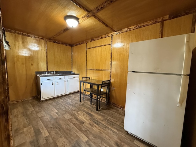 175 State Route 22a S, Jacks Creek, TN 38347 - kitchen featuring freestanding refrigerator, dark wood-type flooring, wooden walls, dark countertops, and wood ceiling