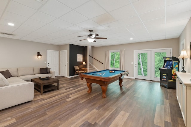 1001 Red Oak Dr, Greenbrier, TN 37073 - rec room featuring billiards table, wood finished floors, a paneled ceiling, and a ceiling fan