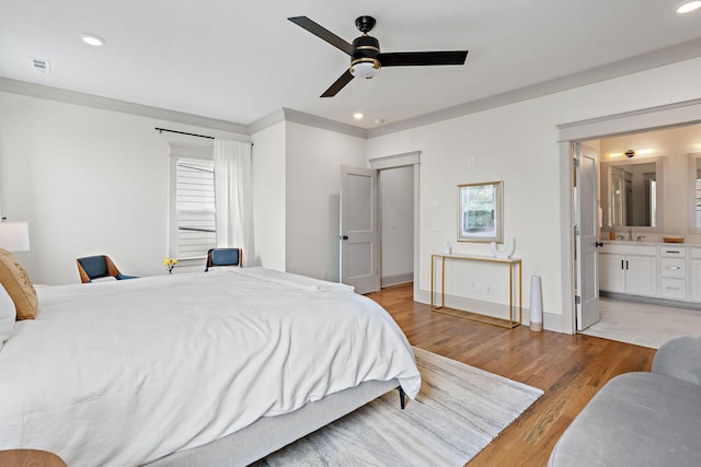 1931 Warfield Dr, Nashville, TN 37215 - bedroom with light wood-type flooring, recessed lighting, ceiling fan, and connected bathroom