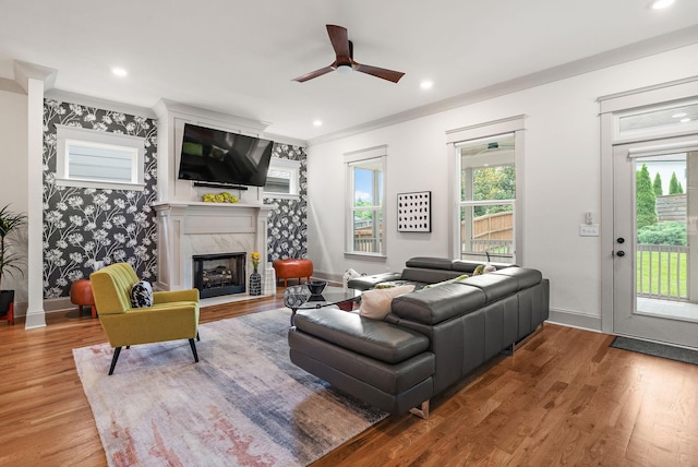 1931 Warfield Dr, Nashville, TN 37215 - living area with a ceiling fan, a premium fireplace, wood finished floors, and recessed lighting