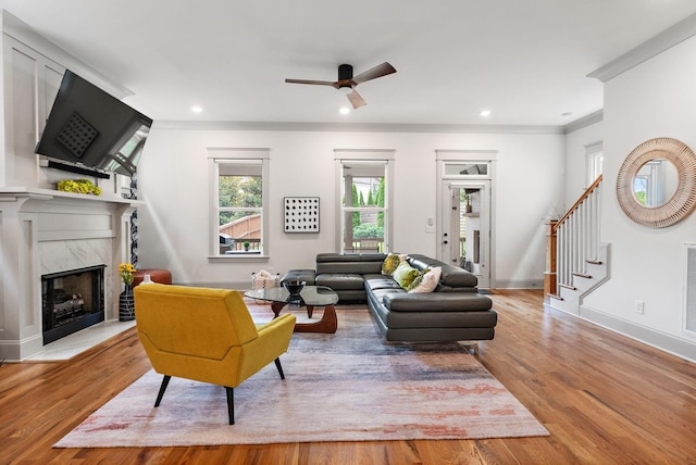 1931 Warfield Dr, Nashville, TN 37215 - living room featuring stairs, a ceiling fan, a premium fireplace, wood finished floors, and recessed lighting